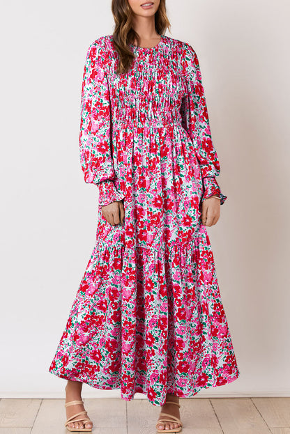 Boho Floral Print Smocked Puff Sleeve Tiered Maxi Dress