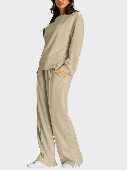 Round Neck Long Sleeve Top and Slit Pants Set