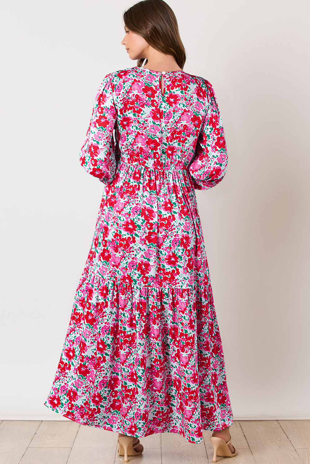 Boho Floral Print Smocked Puff Sleeve Tiered Maxi Dress