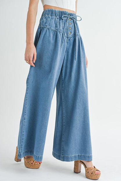 Beau Blue Mineral Wash Button High Waist Wide Leg Jeans