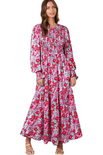 Boho Floral Print Smocked Puff Sleeve Tiered Maxi Dress