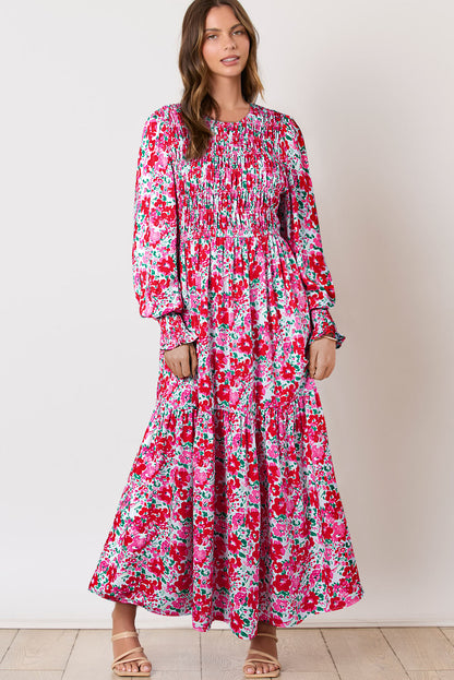 Boho Floral Print Smocked Puff Sleeve Tiered Maxi Dress