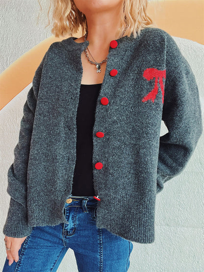 Bow Round Neck Button Up Long Sleeve Cardigan